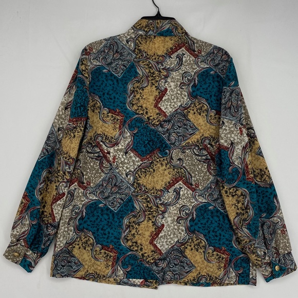 Classic Collection Womens Size 12 Vintage Button Up Blouse Teal Beige Red Print - Picture 7 of 9